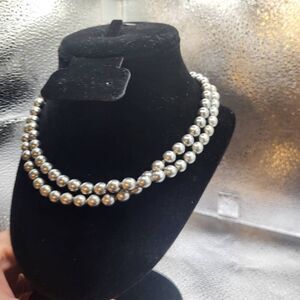 Vintage 60s Extra Long Stand of Silver Beads Necklace 34in Faux Pearl